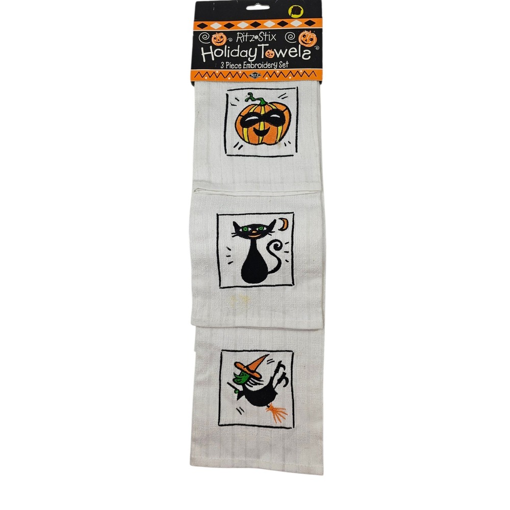Ritz Stix Holiday Towels 3 Piece Embroidery Set Halloween Pumpkin Cat Witch‎